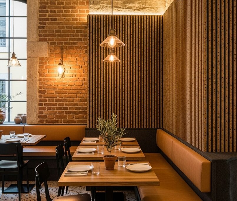 Warm-toned restaurant interior with Slatstone Martian stone wall panels behind leather banquettes, featuring acoustic felt backing and ambient lighting.