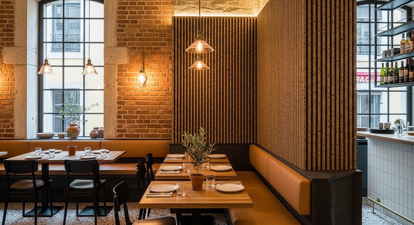 Warm-toned restaurant interior with Slatstone Martian stone wall panels behind leather banquettes, featuring acoustic felt backing and ambient lighting.