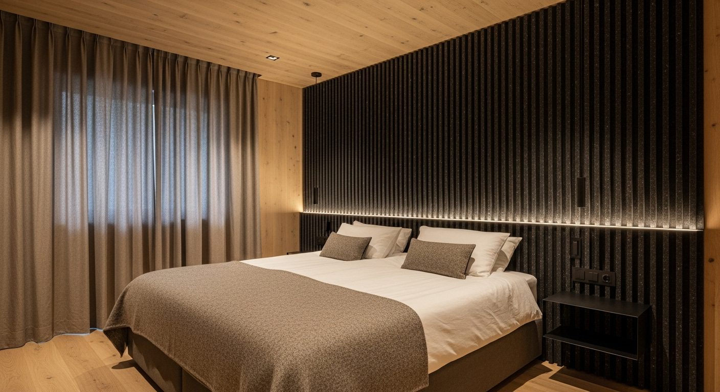 Modern bedroom with black Slatstone Andromeda felt-backed stone wall panels as an accent behind the bed, soft ambient lighting, and minimalist decor.
