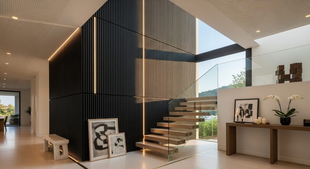 Modern interior with open-riser floating staircase and vertical Slatstone Andromeda panels on the stairwell wall, accented by warm lighting and sculptural décor.