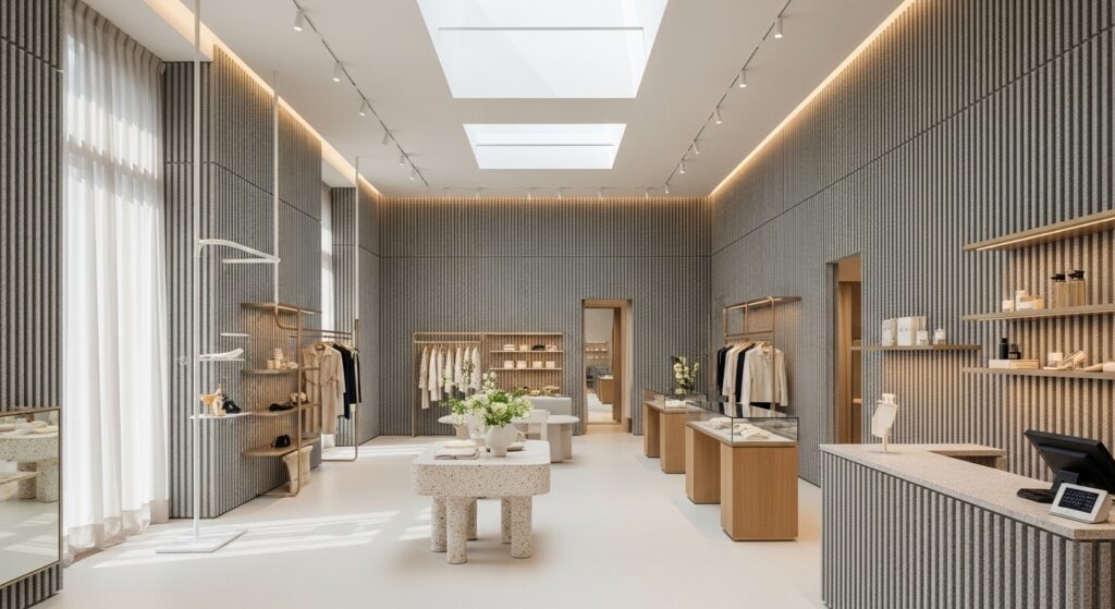 Luxury retail space with every wall clad in light grey Slatstone Lunarian stone panels, illuminated by natural light and warm recessed LEDs, with minimalistic product displays.