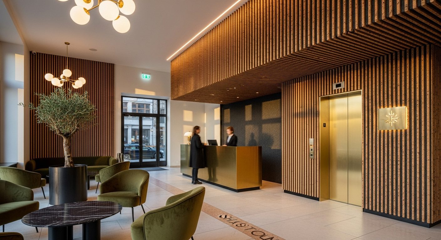 Boutique hotel lobby with Slatstone stone wall panels behind reception desk, featuring warm lighting and minimalist modern design.