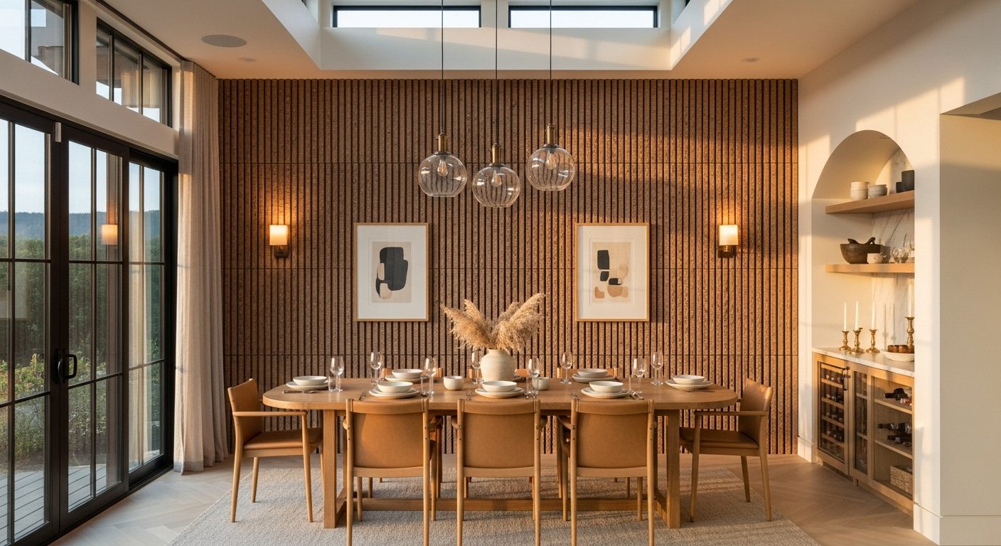 Modern dining room interior with a Slatstone Martian accent wall, featuring warm terracotta stone slats, oak table, pendant lighting, and herringbone flooring.