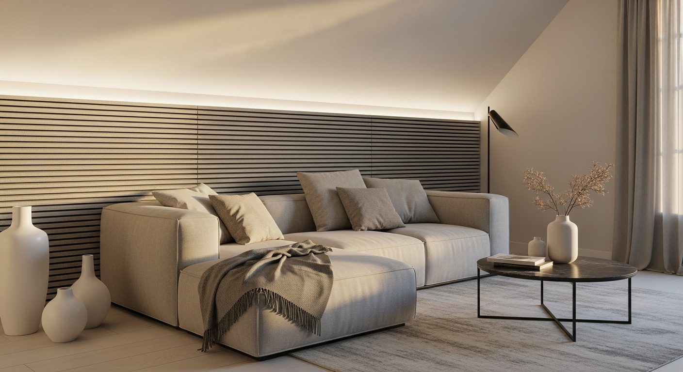 Modern living room with Slatstone Lunarian series stone panels as an accent wall behind the sofa, warm lighting, and minimalist Scandinavian design.