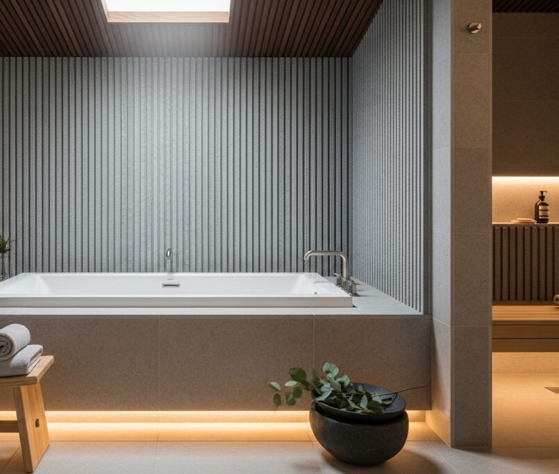 Modern spa bathroom with grey Slatstone Lunarian stone wall panels behind soaking tub, featuring acoustic felt backing and honed matte finish.