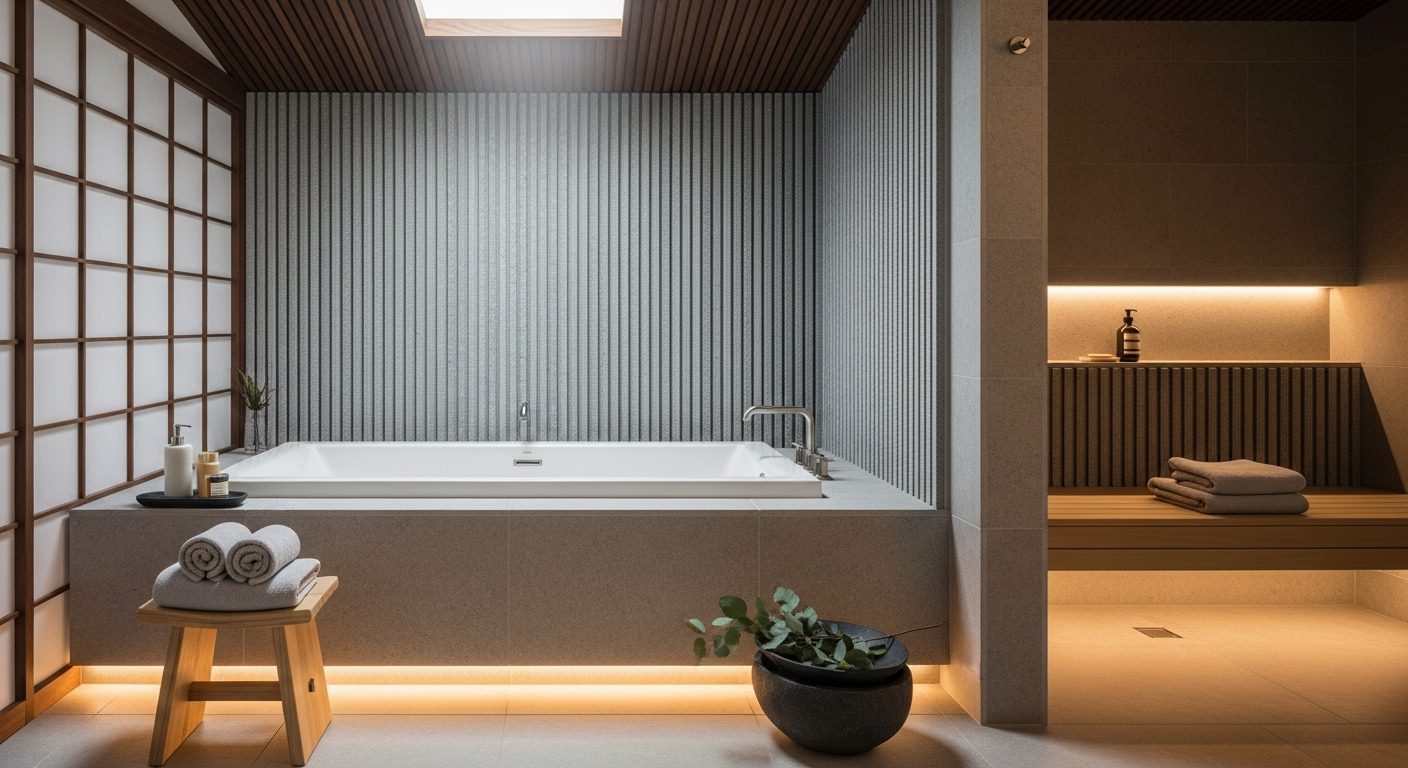 Modern spa bathroom with grey Slatstone Lunarian stone wall panels behind soaking tub, featuring acoustic felt backing and honed matte finish.