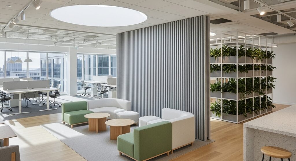 Bright open-plan office with Slatstone Lunarian grey stone wall panels, acoustic felt backing, natural wood floor, and modern lounge seating under daylight.